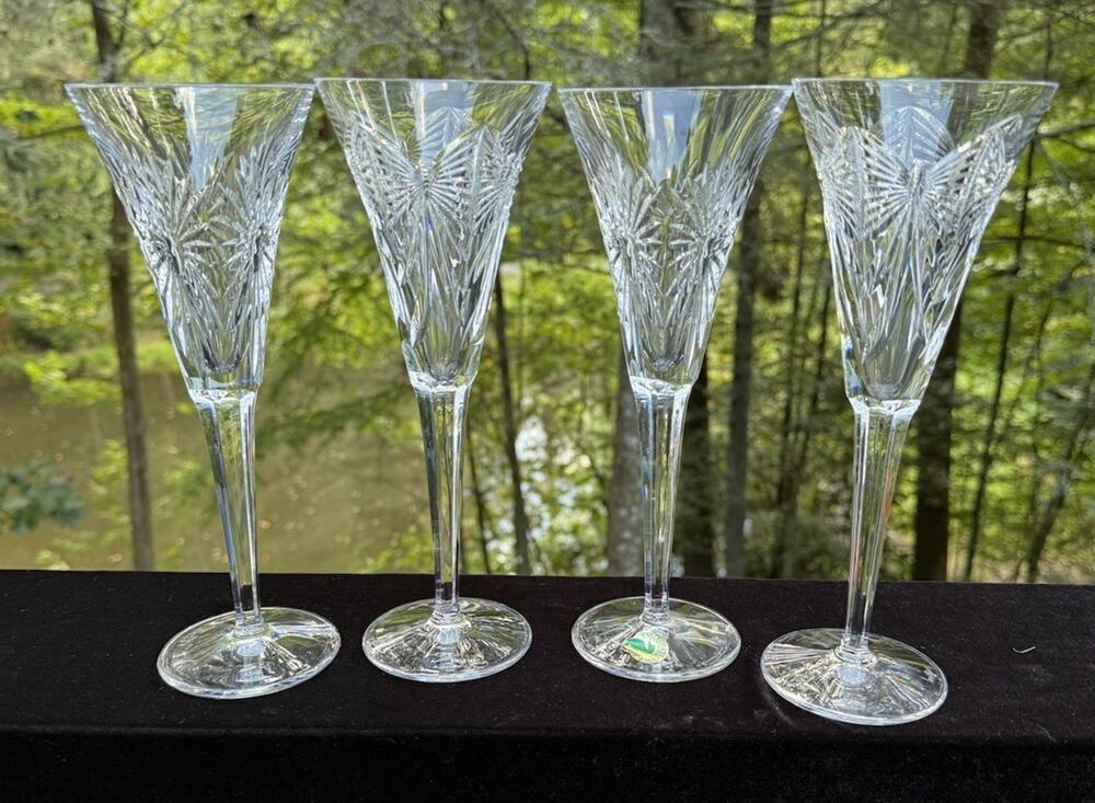 (4) Rare WATERFORD Crystal Flutes the 5 Universal Toasts Millennium Champagne